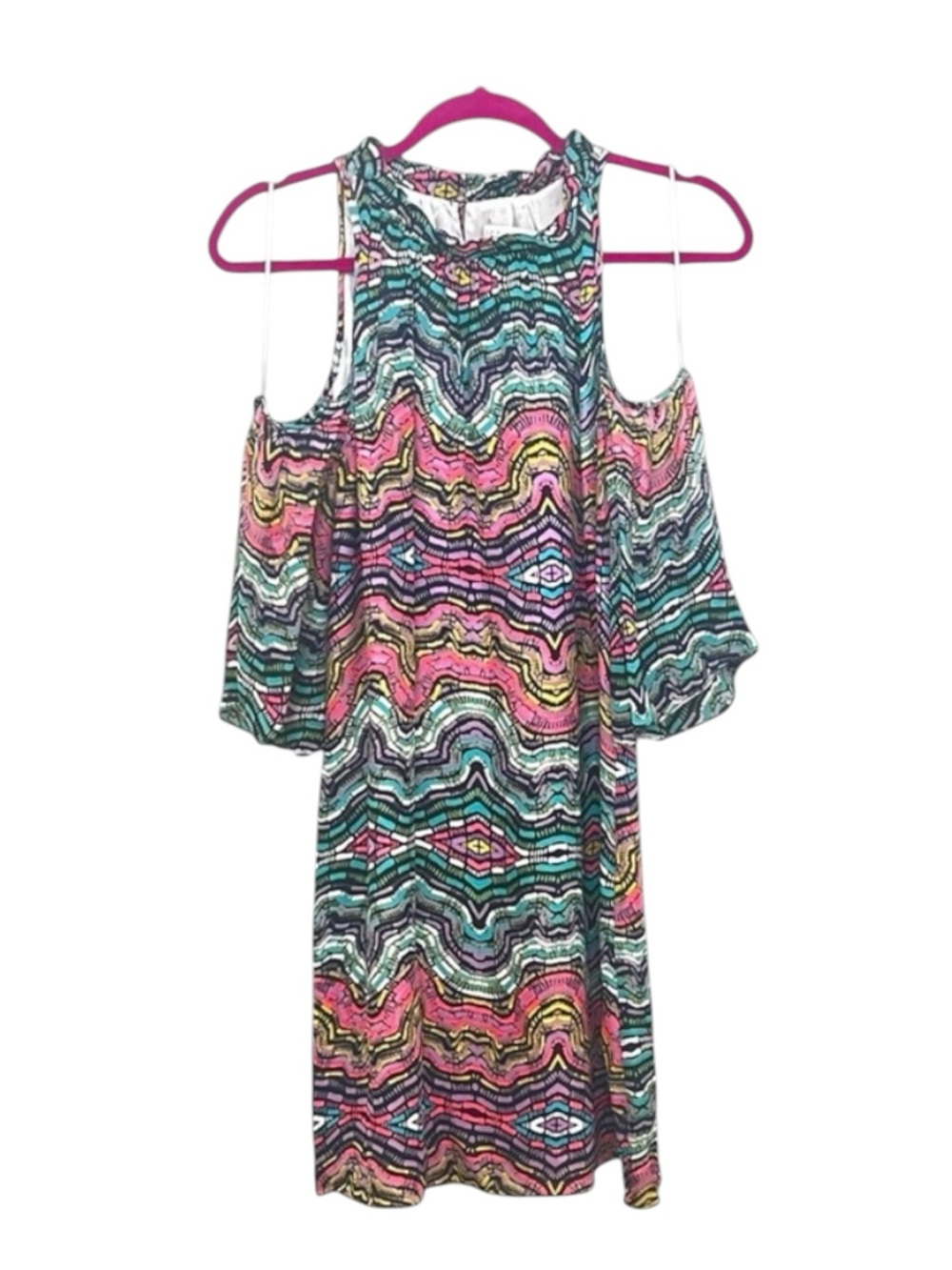 new Alice & Trixie ᪣ Kyra Print Silk Cold Shoulder Dress ᪣ Vibrant Gem Print ᪣ S - Picture 3 of 16